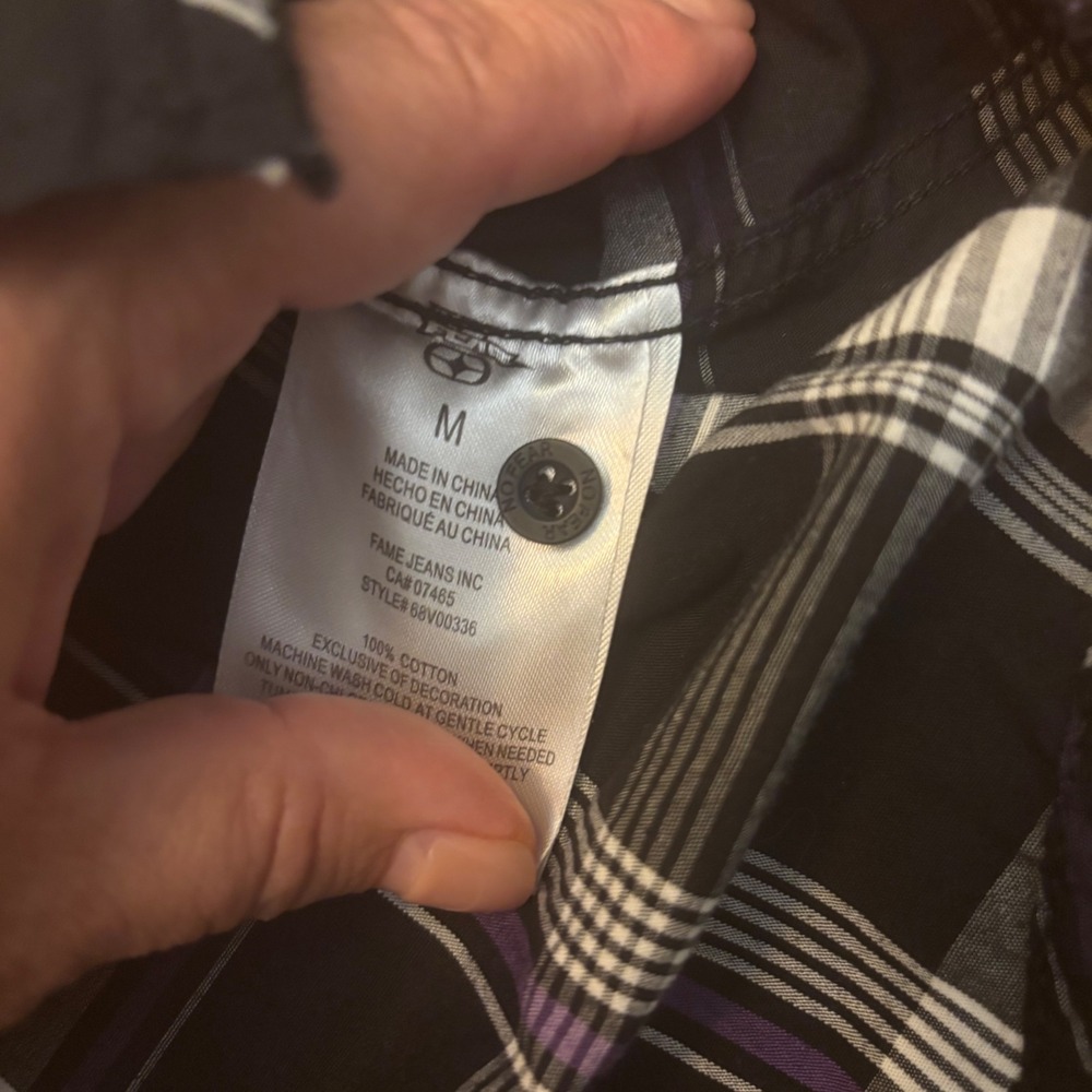 No Fear 90s Men's Medium Plaid Short Sleeve Button Up Shirt - Black Purple White - Picture 5 of 16